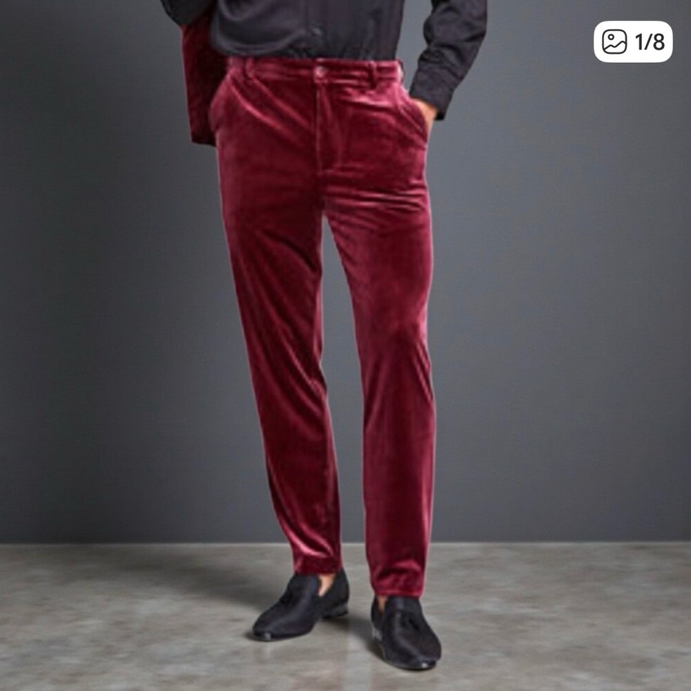 Jaywalker Pants Mens Red Velvet Suiting Dress Tapered Lined Velvet Burgundy